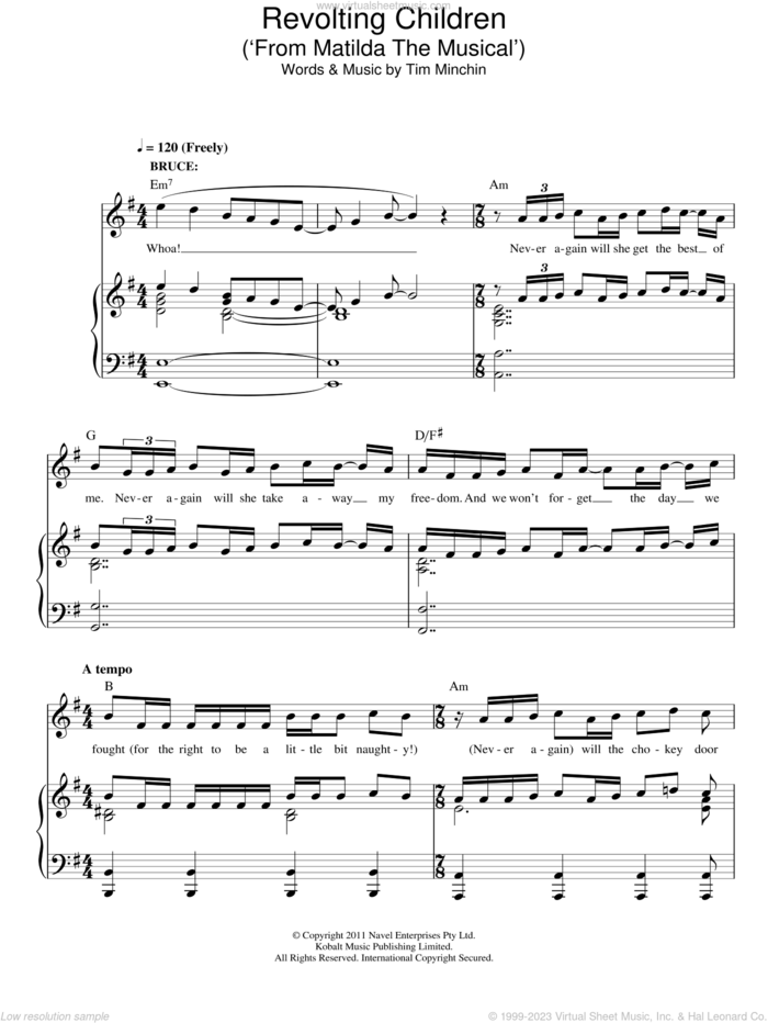 Revolting Children ('From Matilda The Musical') sheet music for voice and piano by Tim Minchin, intermediate skill level