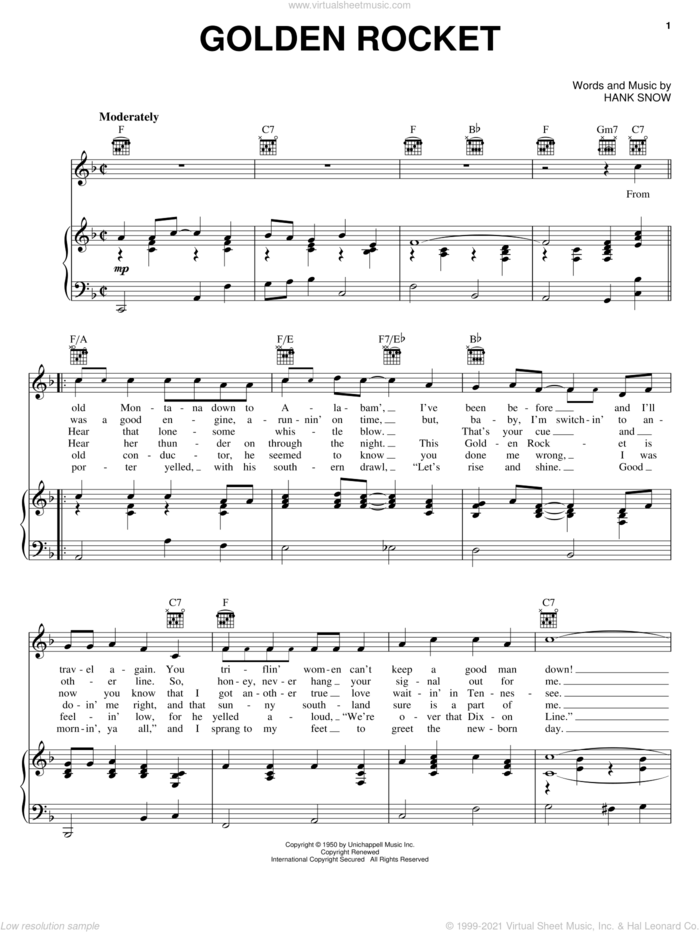 Golden Rocket sheet music for voice, piano or guitar by Hank Snow, intermediate skill level