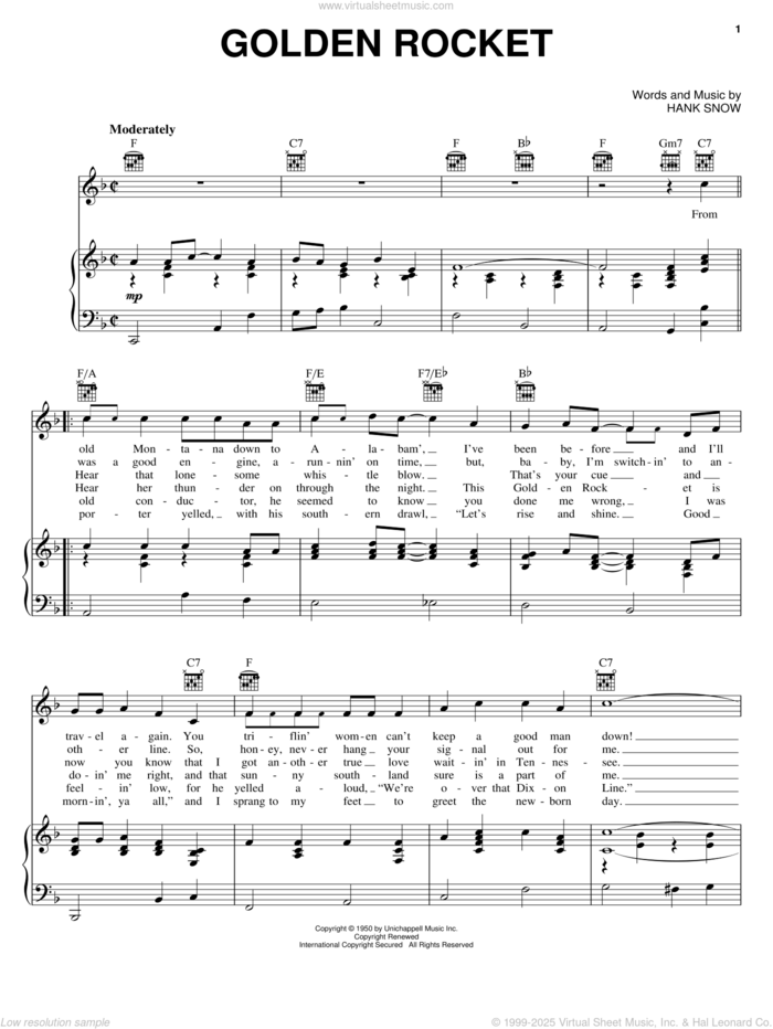 Golden Rocket sheet music for voice, piano or guitar by Hank Snow, intermediate skill level