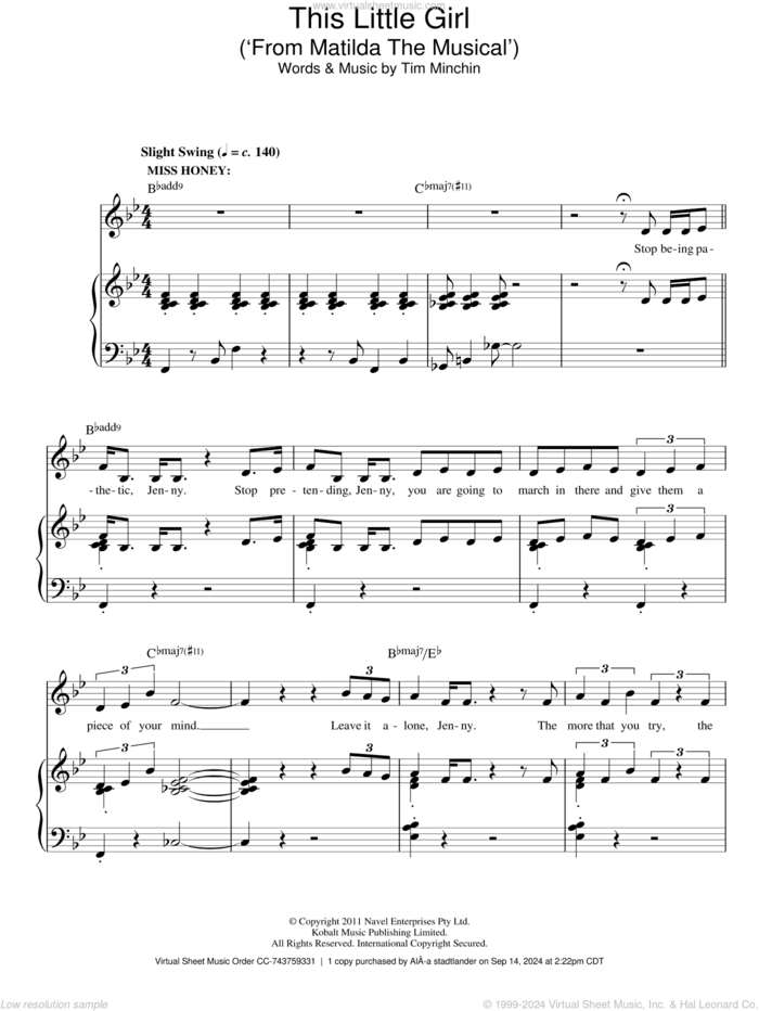 This Little Girl (from Matilda The Musical) sheet music for voice and piano by Tim Minchin, intermediate skill level