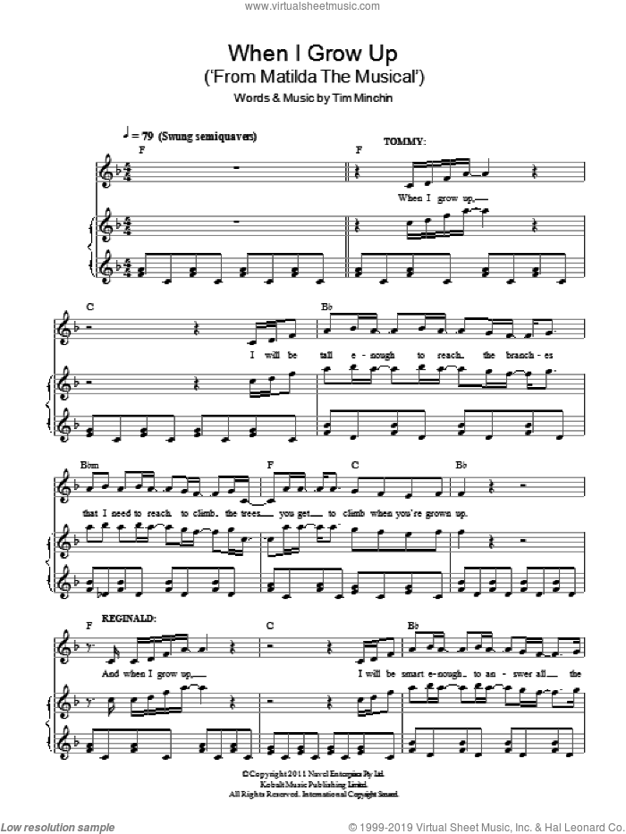 When I Grow Up (from Matilda The Musical) sheet music for voice and piano by Tim Minchin, intermediate skill level