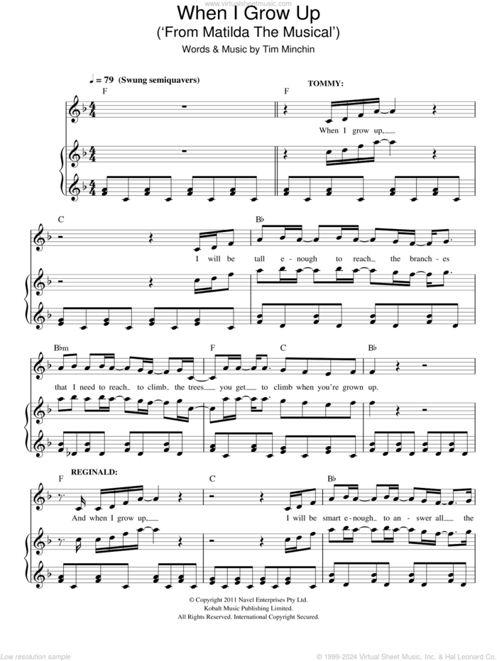 When I Grow Up (from Matilda The Musical) sheet music for voice and piano by Tim Minchin, intermediate skill level