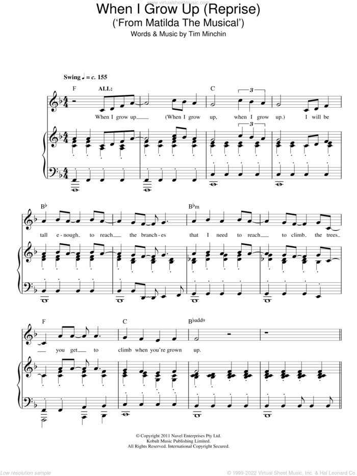When I Grow Up (Reprise) (from Matilda The Musical) sheet music for voice and piano by Tim Minchin, intermediate skill level