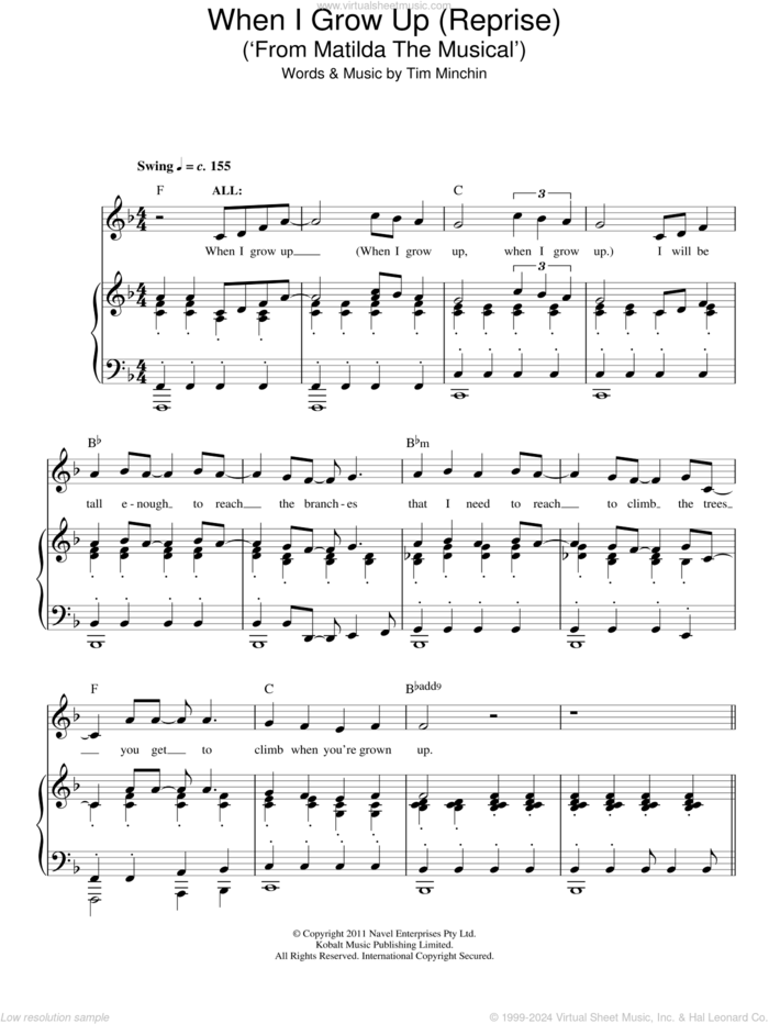 When I Grow Up (Reprise) (from Matilda The Musical) sheet music for voice and piano by Tim Minchin, intermediate skill level