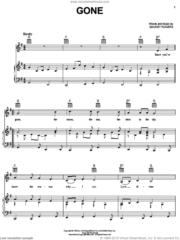 Gone sheet music for voice, piano or guitar by Ferlin Husky and Smokey Rogers, intermediate skill level