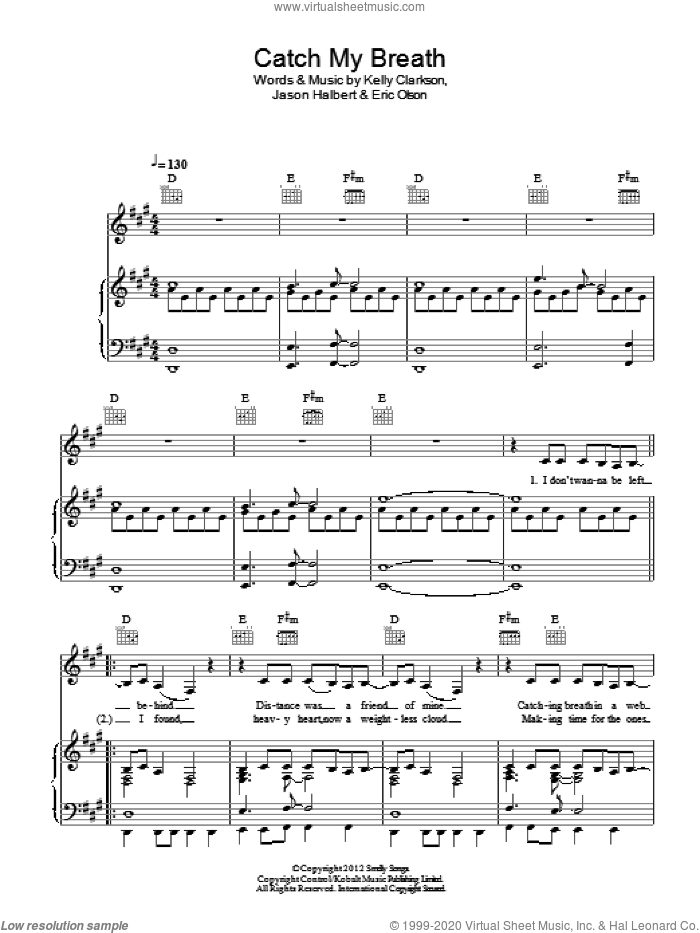 Catch My Breath sheet music for voice, piano or guitar by Kelly Clarkson, Eric Olson and Jason Halbert, intermediate skill level