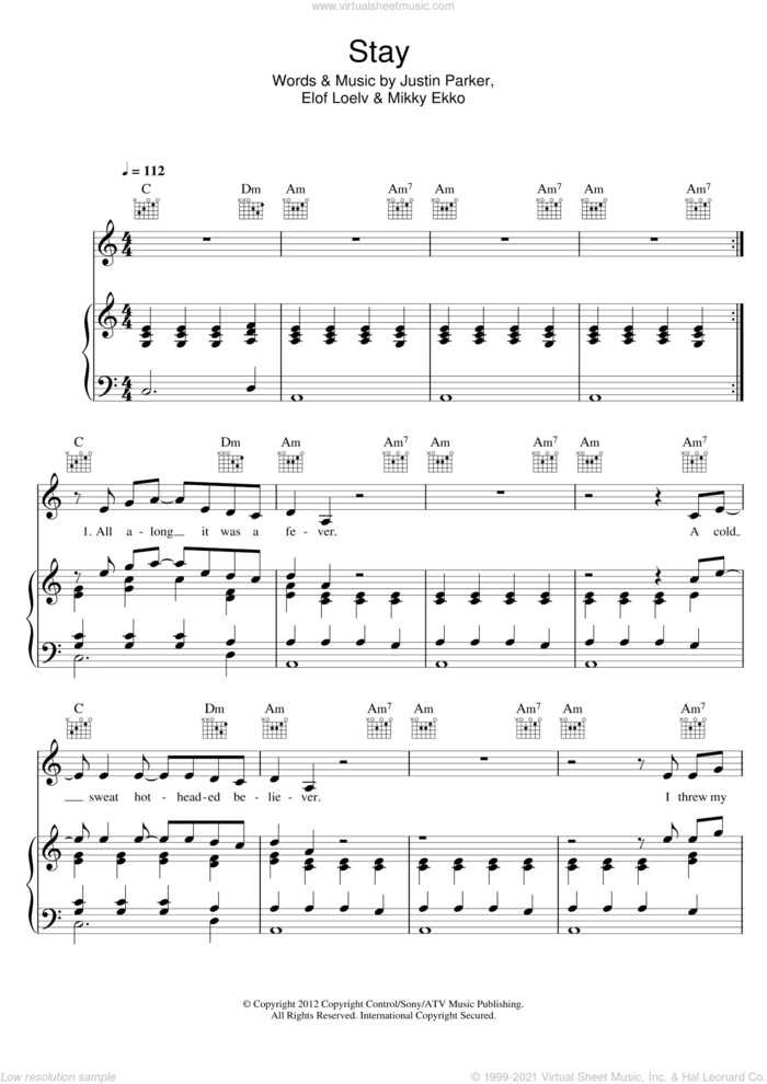 Stay sheet music for voice, piano or guitar by Rihanna, Elof Loelv, Justin Parker and Mikky Ekko, intermediate skill level