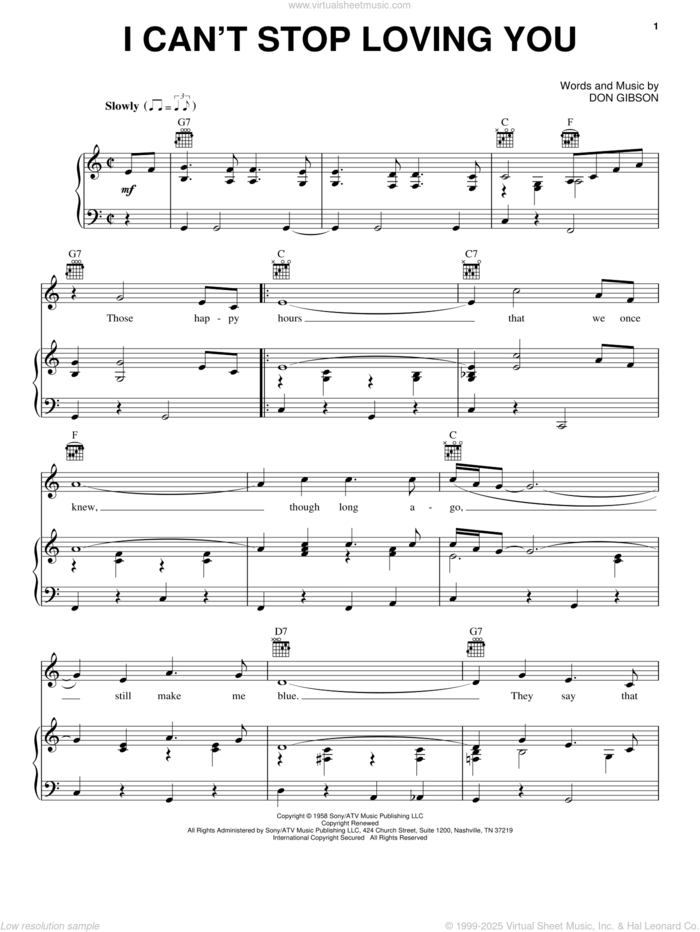 I Can't Stop Loving You sheet music for voice, piano or guitar by Elvis Presley, Ray Charles and Don Gibson, intermediate skill level