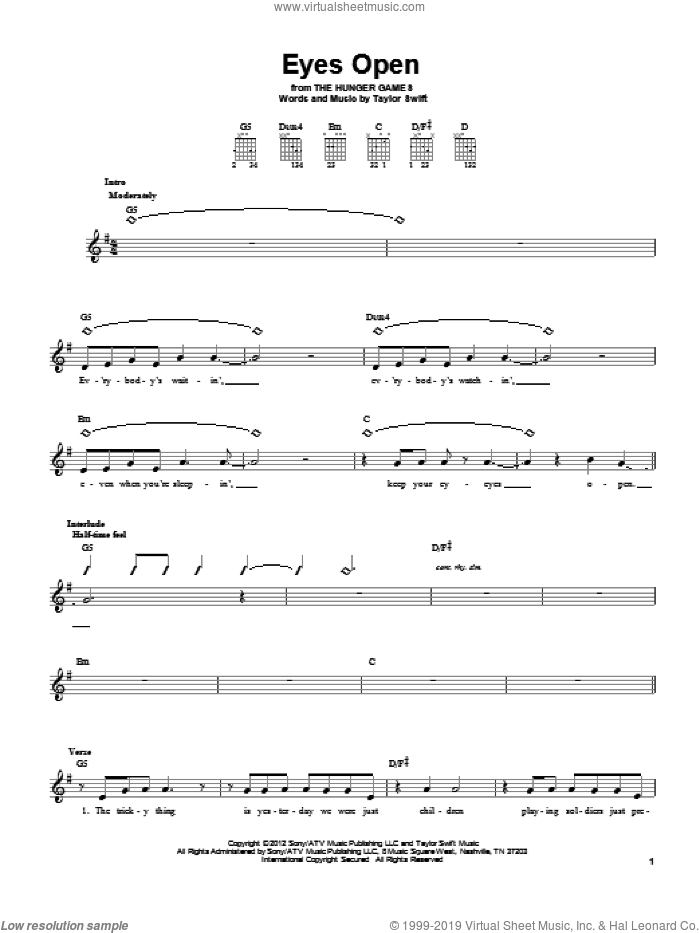 Eyes Open sheet music for guitar solo (chords) by Taylor Swift, easy guitar (chords)