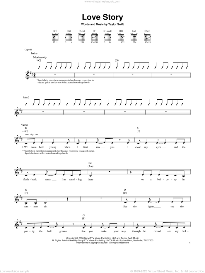 Love Story sheet music for guitar solo (chords) by Taylor Swift, easy guitar (chords)