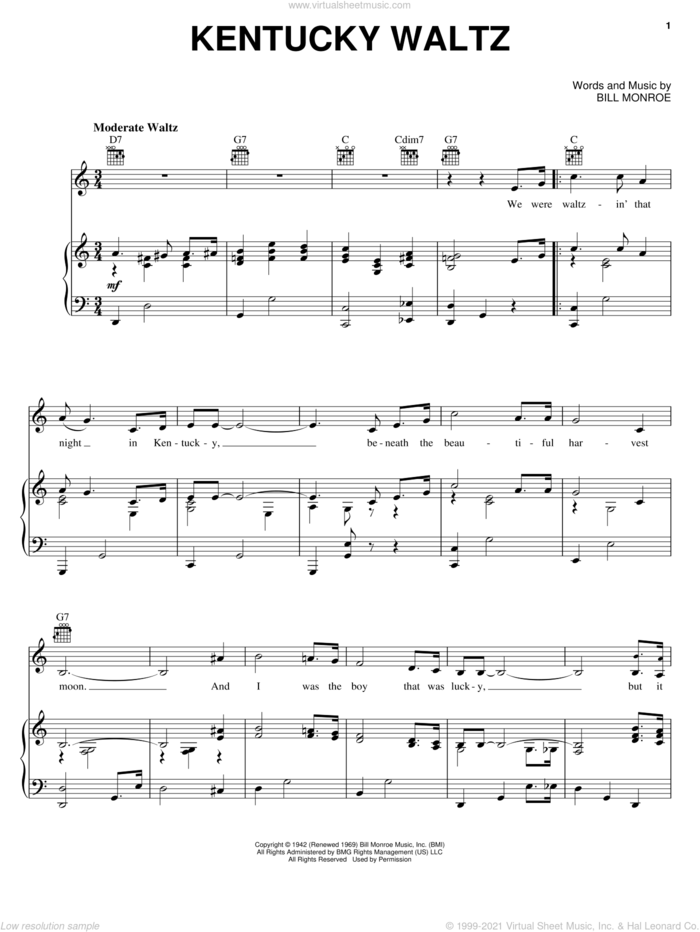 Kentucky Waltz sheet music for voice, piano or guitar by Eddy Arnold and Bill Monroe, intermediate skill level