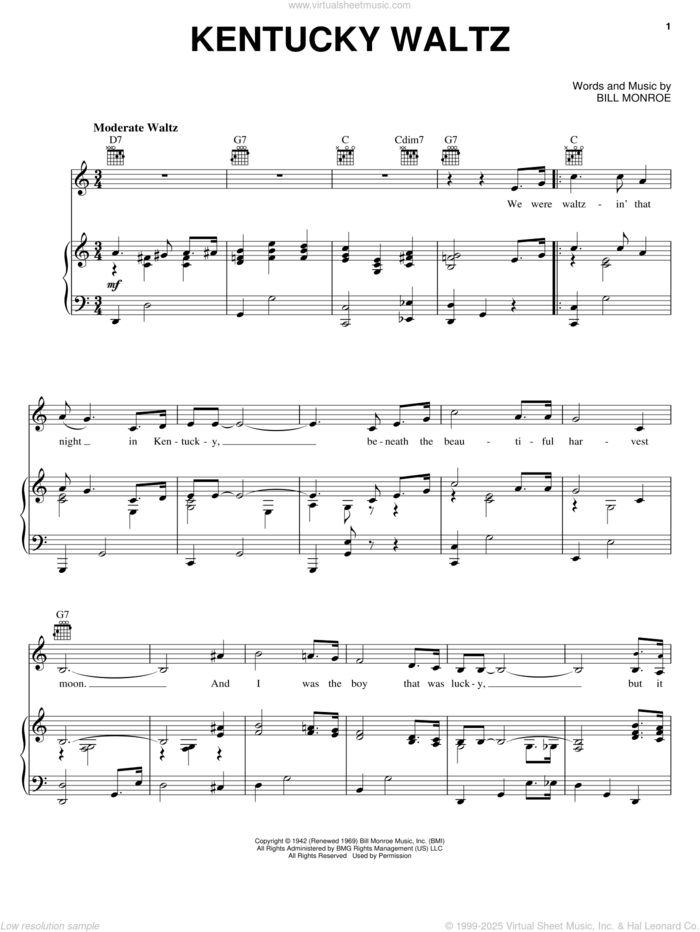 Kentucky Waltz sheet music for voice, piano or guitar by Eddy Arnold and Bill Monroe, intermediate skill level