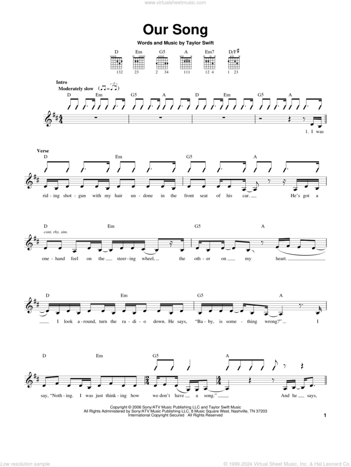 Our Song sheet music for guitar solo (chords) by Taylor Swift, easy guitar (chords)