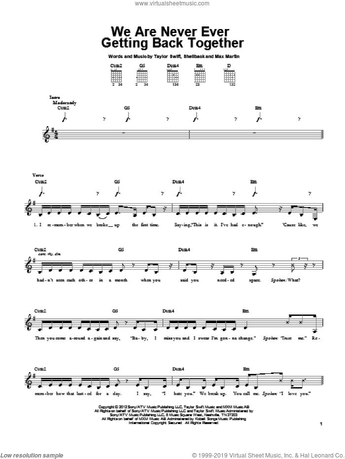 We Are Never Ever Getting Back Together sheet music for guitar solo (chords) by Taylor Swift, Max Martin and Shellback, easy guitar (chords)