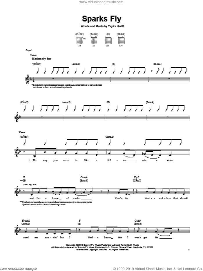Sparks Fly sheet music for guitar solo (chords) by Taylor Swift, easy guitar (chords)