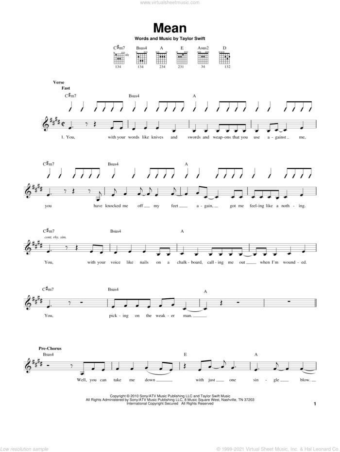 Mean sheet music for guitar solo (chords) by Taylor Swift, easy guitar (chords)