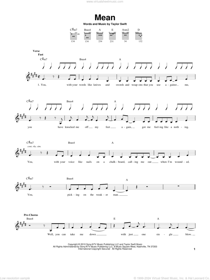 Mean sheet music for guitar solo (chords) by Taylor Swift, easy guitar (chords)