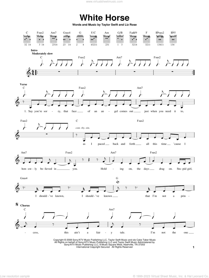 White Horse sheet music for guitar solo (chords) by Taylor Swift and Liz Rose, easy guitar (chords)