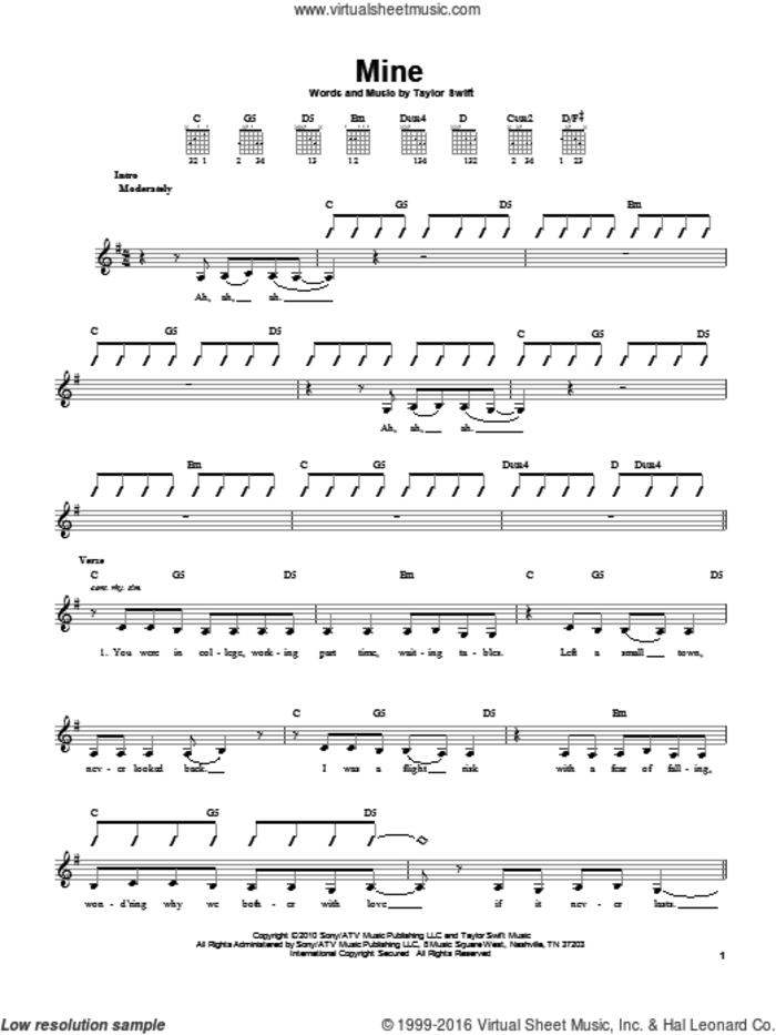 Mine sheet music for guitar solo (chords) by Taylor Swift, easy guitar (chords)