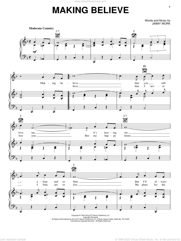 Making Believe sheet music for voice, piano or guitar by Kitty Wells, Emmylou Harris and Jimmy Work, intermediate skill level