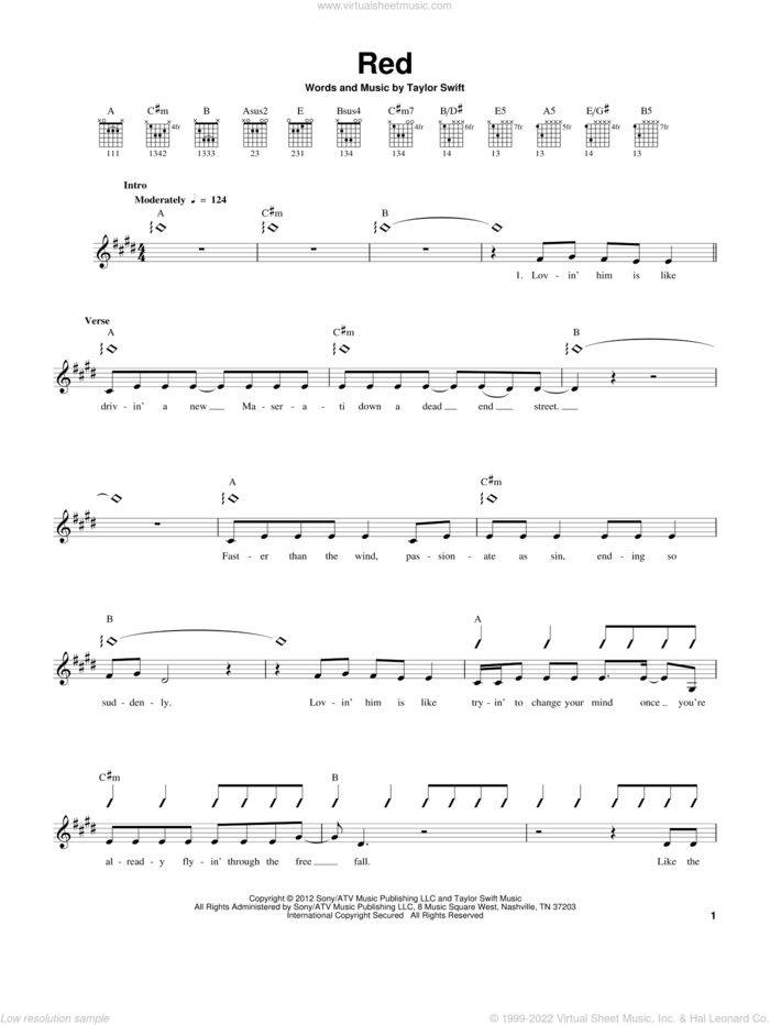 Red sheet music for guitar solo (chords) by Taylor Swift, easy guitar (chords)