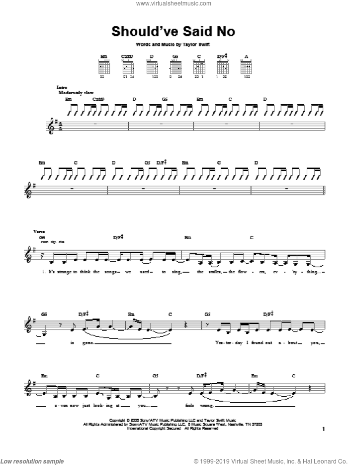Should've Said No sheet music for guitar solo (chords) by Taylor Swift, easy guitar (chords)