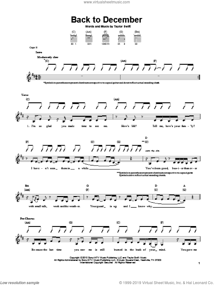 Back To December sheet music for guitar solo (chords) by Taylor Swift, easy guitar (chords)