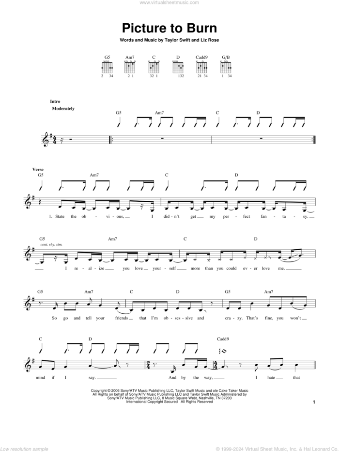 Picture To Burn sheet music for guitar solo (chords) by Taylor Swift and Liz Rose, easy guitar (chords)
