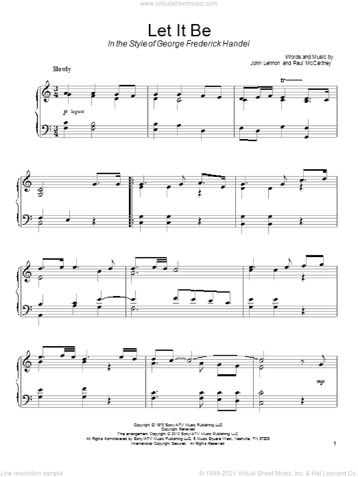 Let It Be (in the style of George Friderick Handel) sheet music for piano solo by The Beatles, John Lennon and Paul McCartney, classical score, intermediate skill level