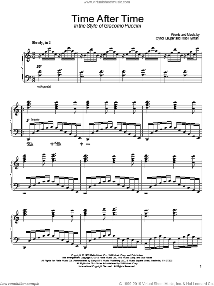 Time After Time (in the style of Giacomo Puccini) sheet music for piano solo by Cyndi Lauper, classical score, intermediate skill level