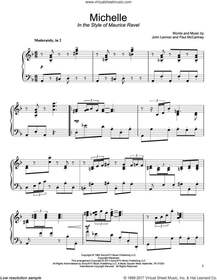Michelle (in the style of Maurice Ravel) sheet music for piano solo by The Beatles, John Lennon and Paul McCartney, classical score, intermediate skill level