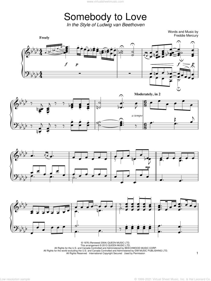 Somebody To Love (in the style of Ludwig van Beethoven) sheet music for piano solo by Queen and Freddie Mercury, classical score, intermediate skill level