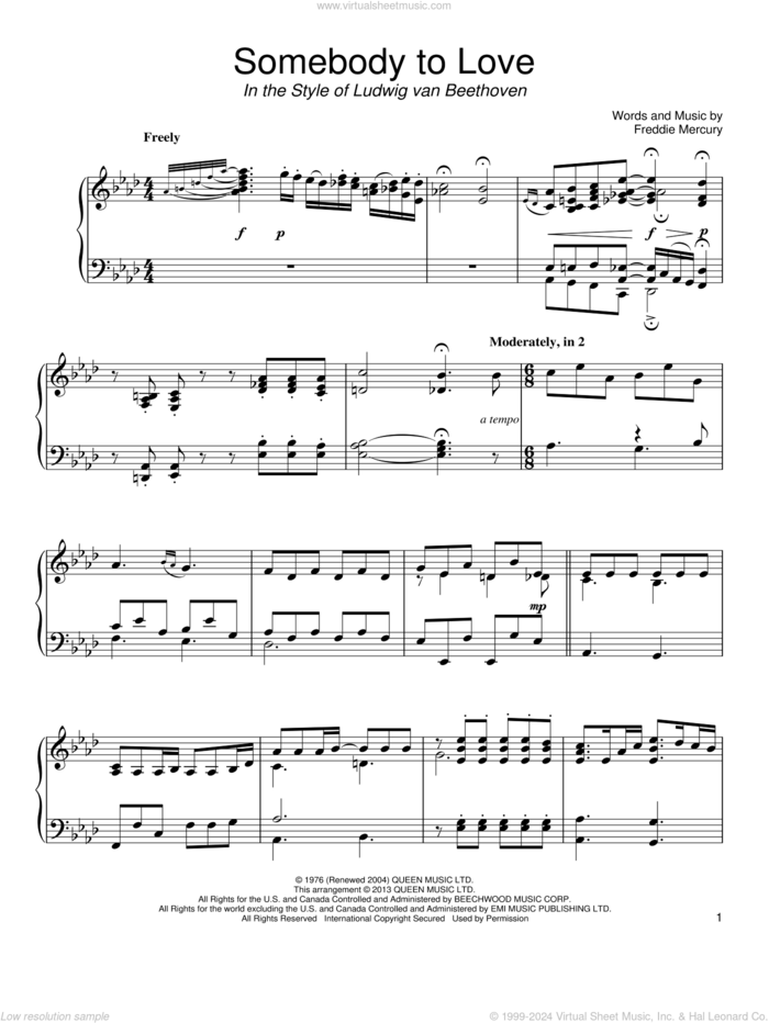 Somebody To Love (in the style of Ludwig van Beethoven) sheet music for piano solo by Queen and Freddie Mercury, classical score, intermediate skill level