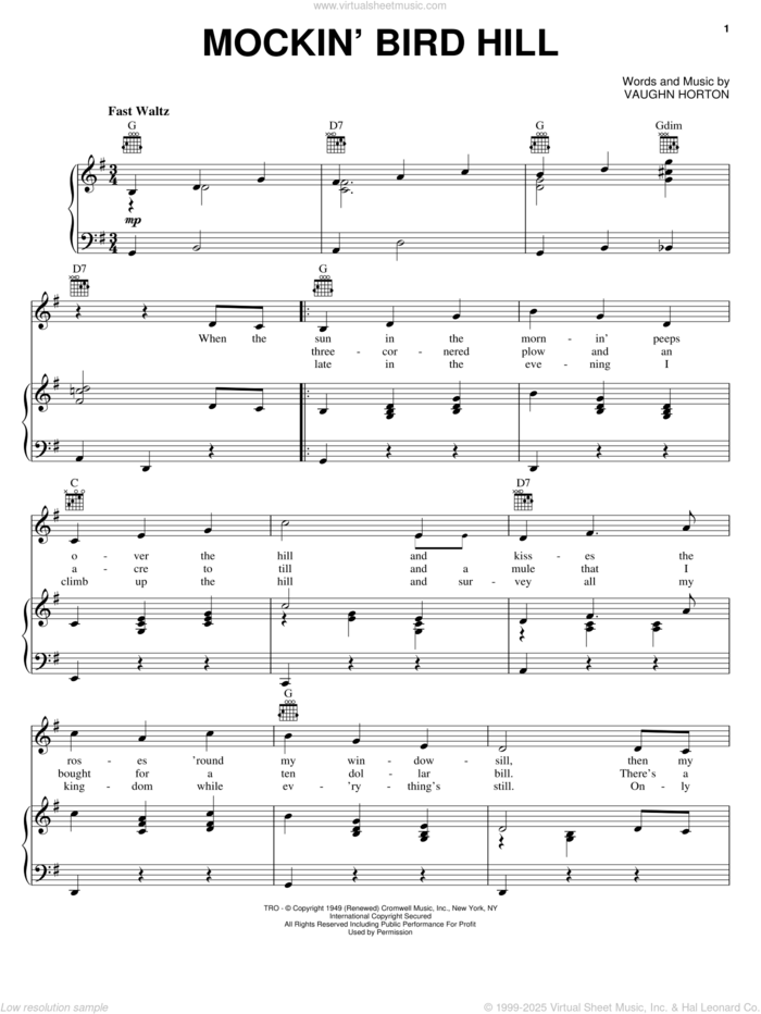 Mockin' Bird Hill sheet music for voice, piano or guitar by The Pinetoppers, Donna Fargo and Vaughn Horton, intermediate skill level