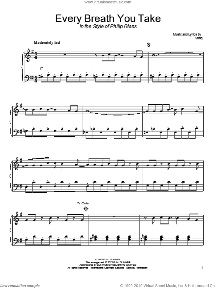 Every Breath You Take (in the style of Philip Glass) sheet music for piano solo by The Police and Sting, classical score, intermediate skill level