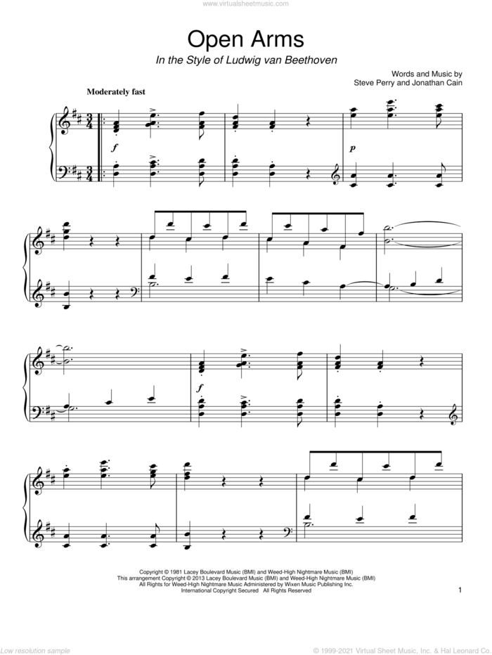 Open Arms (in the style of Ludwig van Beethoven) sheet music for piano solo by Journey and Steve Perry, classical score, intermediate skill level