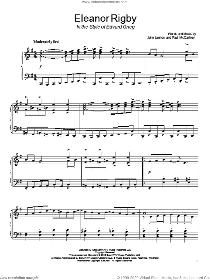 Eleanor Rigby (in the style of Edvard Grieg) sheet music for piano solo by The Beatles, John Lennon and Paul McCartney, classical score, intermediate skill level