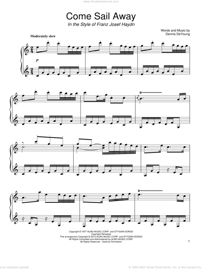 Come Sail Away (from Franz Josef Haydn) sheet music for piano solo by Styx and Dennis DeYoung, classical score, intermediate skill level