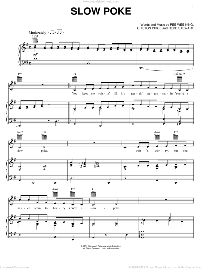 Slow Poke sheet music for voice, piano or guitar by Pee Wee King, Chilton Price and Redd Stewart, intermediate skill level