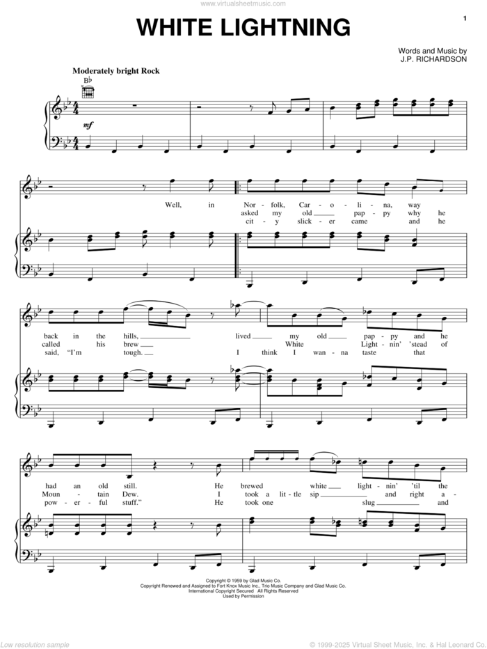 White Lightning sheet music for voice, piano or guitar by George Jones and J.P. Richardson, intermediate skill level