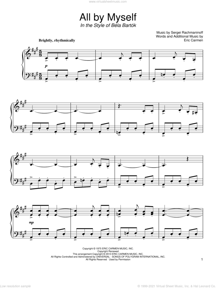 All By Myself (in the style of Bela Bartok) sheet music for piano solo by Eric Carmen and Celine Dion, intermediate skill level