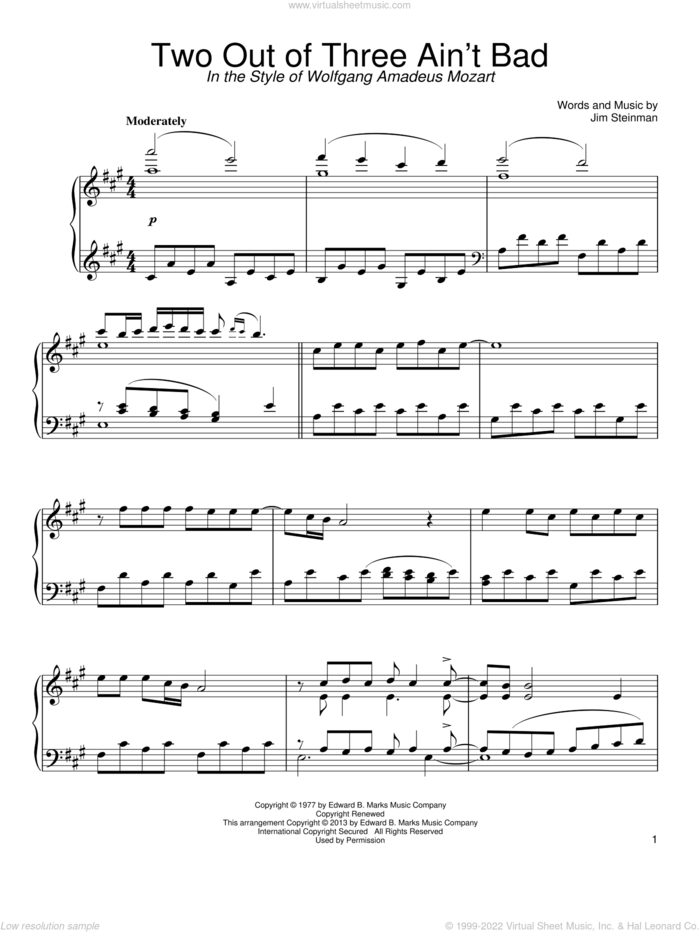 Two Out Of Three Ain't Bad (in the style of Wolfgang Amadeus Mozart) sheet music for piano solo by Meat Loaf and Jim Steinman, classical score, intermediate skill level