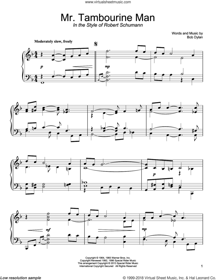 Mr. Tambourine Man (in the style of Robert Schumann) sheet music for piano solo by Bob Dylan, classical score, intermediate skill level