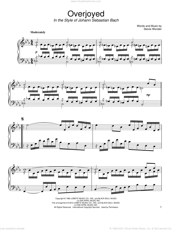 Overjoyed (in the style of Johann Sebastian Bach) sheet music for piano solo by Stevie Wonder, classical score, intermediate skill level