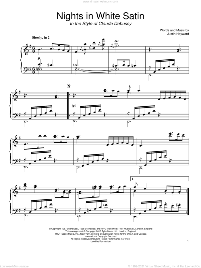 Nights In White Satin (in the style of Claude Debussy) sheet music for piano solo by The Moody Blues and Justin Hayward, classical score, intermediate skill level