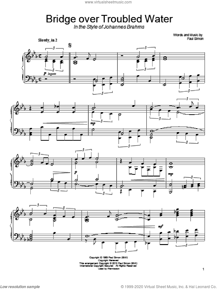 Bridge Over Troubled Water (in the style of Johannes Brahms) sheet music for piano solo by Simon & Garfunkel and Paul Simon, classical score, intermediate skill level