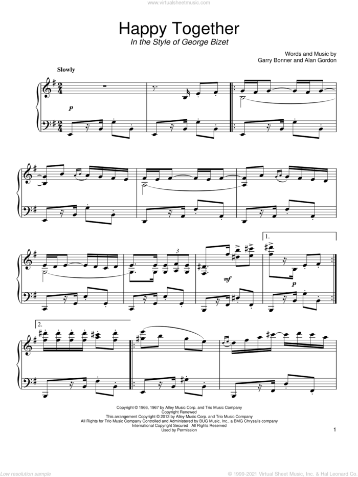 Happy Together (in the style of George Bizet) sheet music for piano solo by The Turtles, Alan Gordon and Garry Bonner, classical score, intermediate skill level