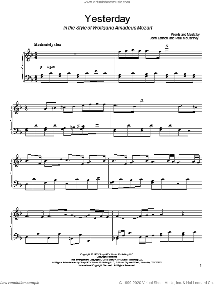 Yesterday (in the style of Wolfgang Amadeus Mozart) sheet music for piano solo by The Beatles, John Lennon and Paul McCartney, classical score, intermediate skill level