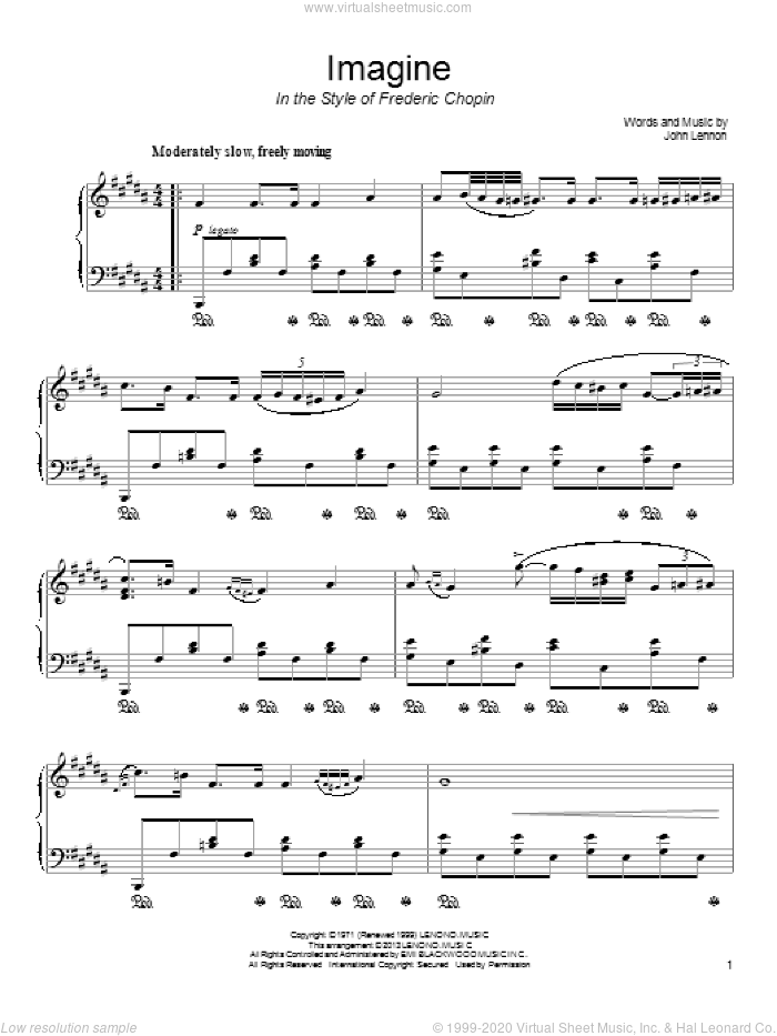 Imagine (in the style of Frederic Chopin) sheet music for piano solo by John Lennon, classical score, intermediate skill level