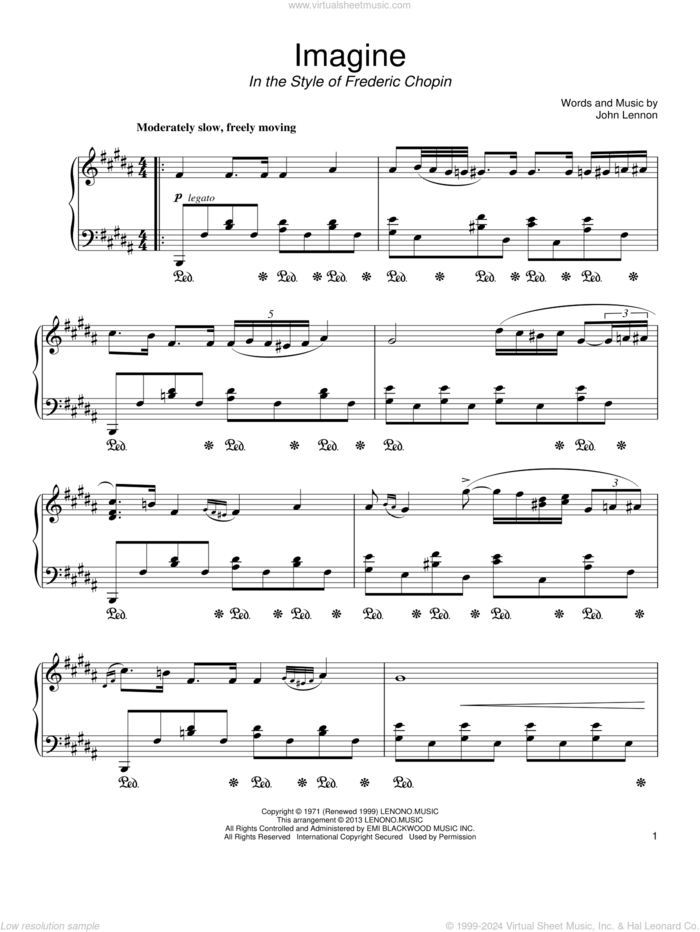 Imagine (in the style of Frederic Chopin) sheet music for piano solo by John Lennon, classical score, intermediate skill level